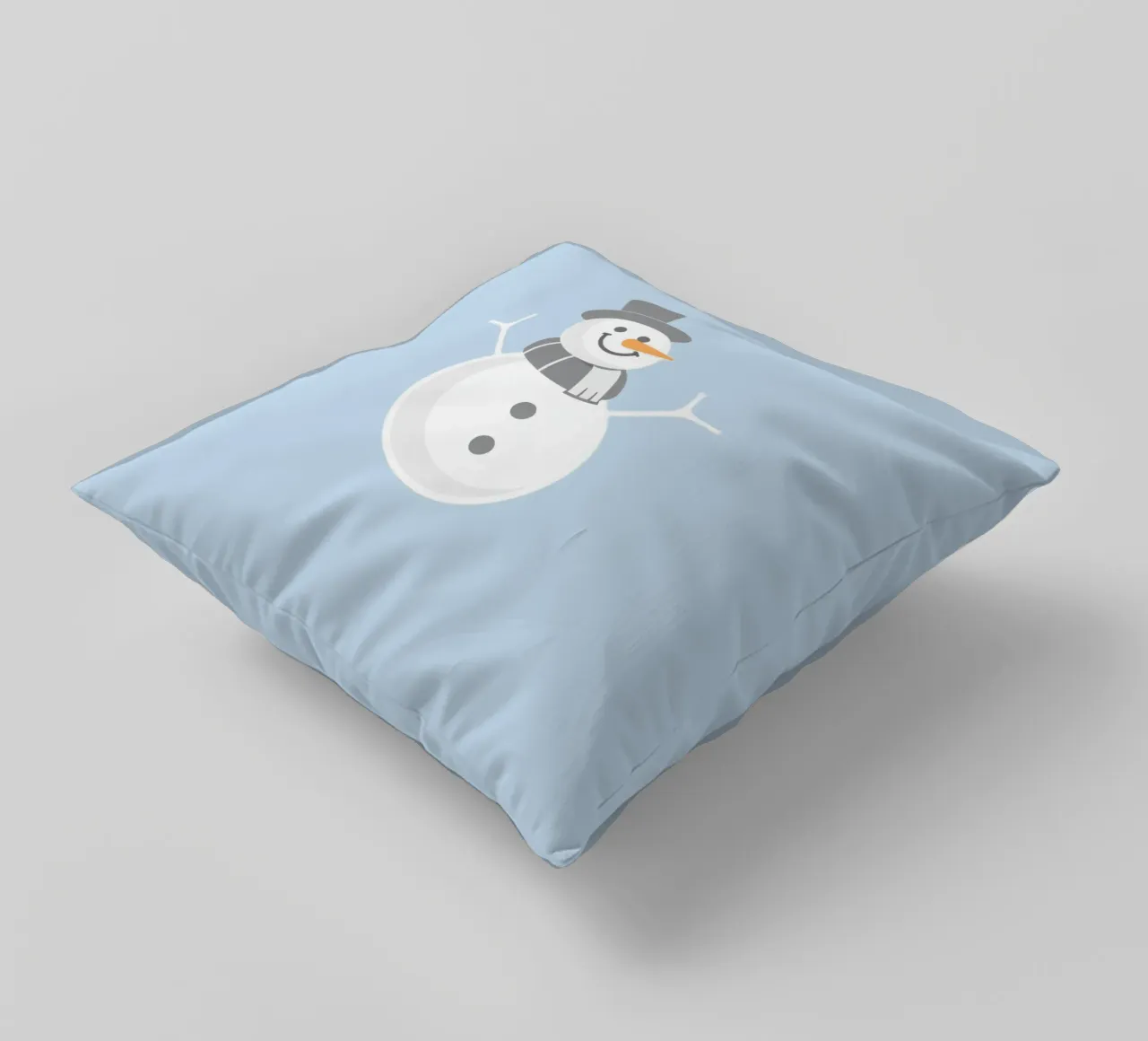 Un allegro pupazzo di neve che indossa un cappello nero e una sciarpa grigia cuscino da DesignDoodle