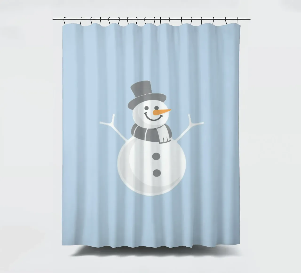 Un allegro pupazzo di neve che indossa un cappello nero e una sciarpa grigia tenda da doccia da DesignDoodle