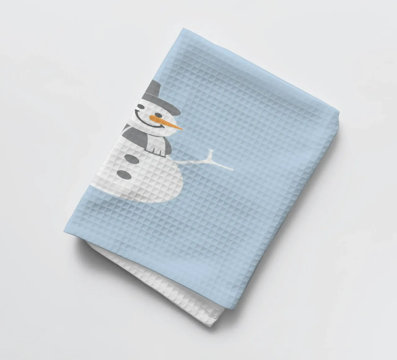 Un allegro pupazzo di neve che indossa un cappello nero e una sciarpa grigia canovaccio da cucina da DesignDoodle