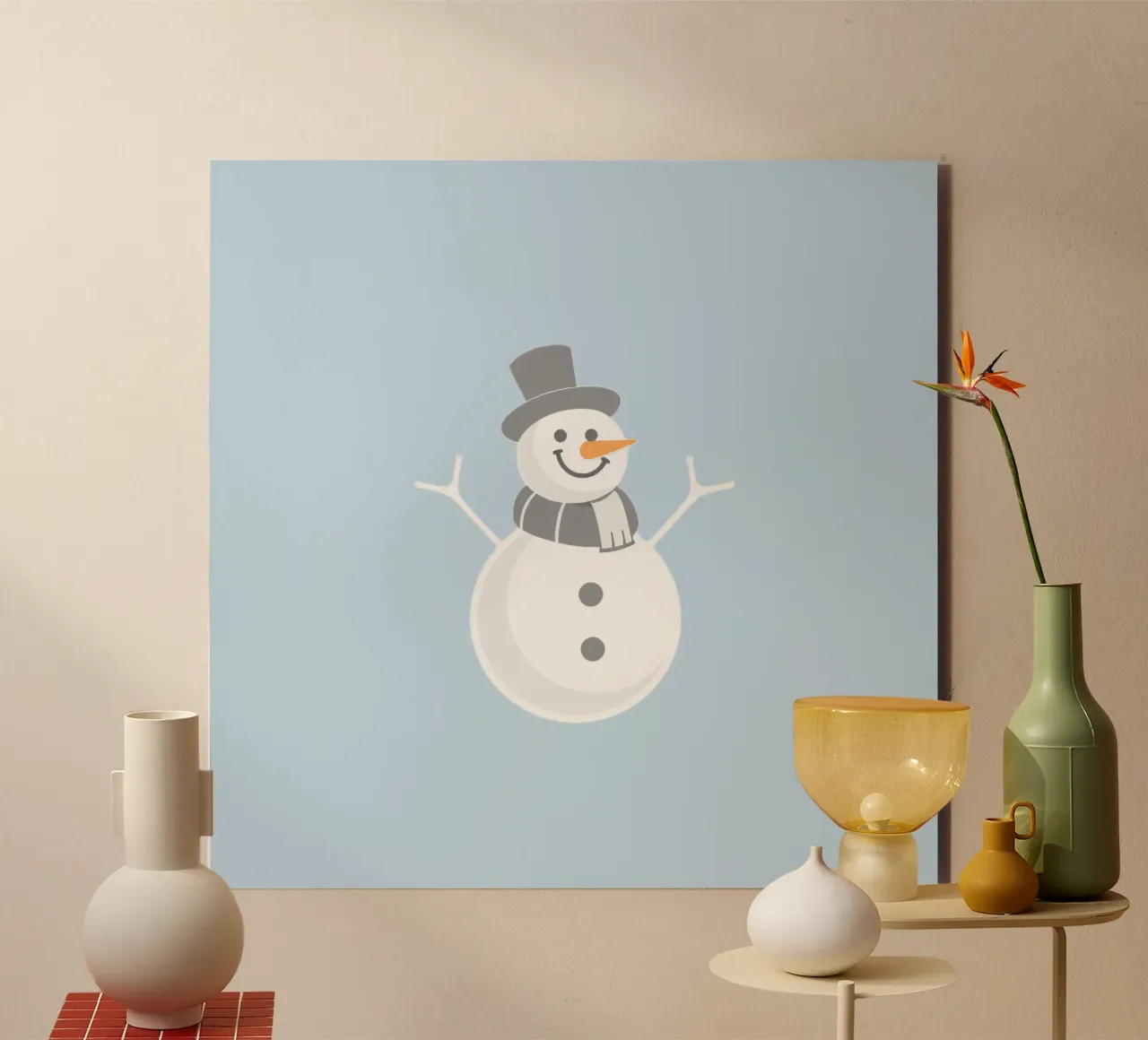 Un allegro pupazzo di neve che indossa un cappello nero e una sciarpa grigia alluminio dibond da DesignDoodle