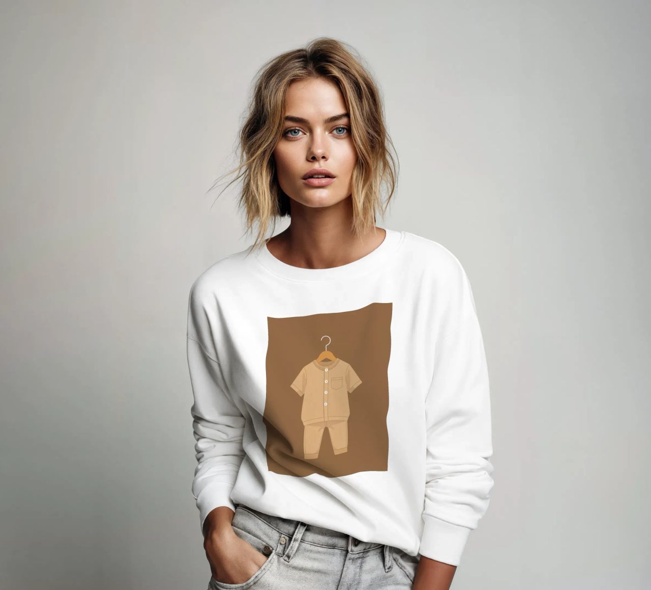 Un bonito conjunto infantil beige colgado de una percha de madera ag sudadera de DesignDoodle