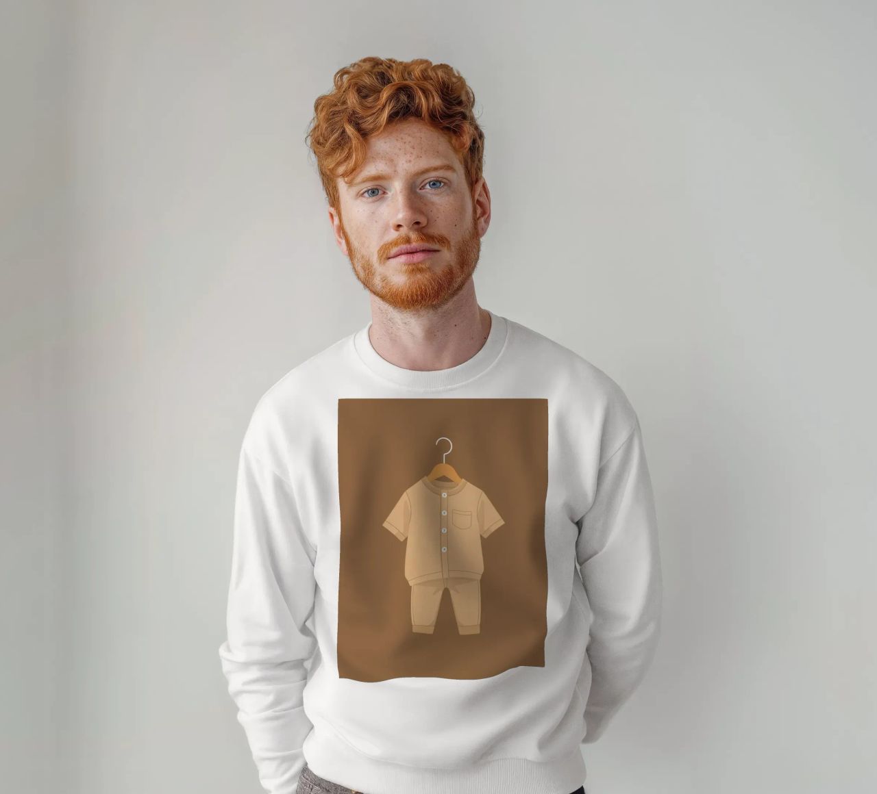 Un bonito conjunto infantil beige colgado de una percha de madera ag sudadera de DesignDoodle