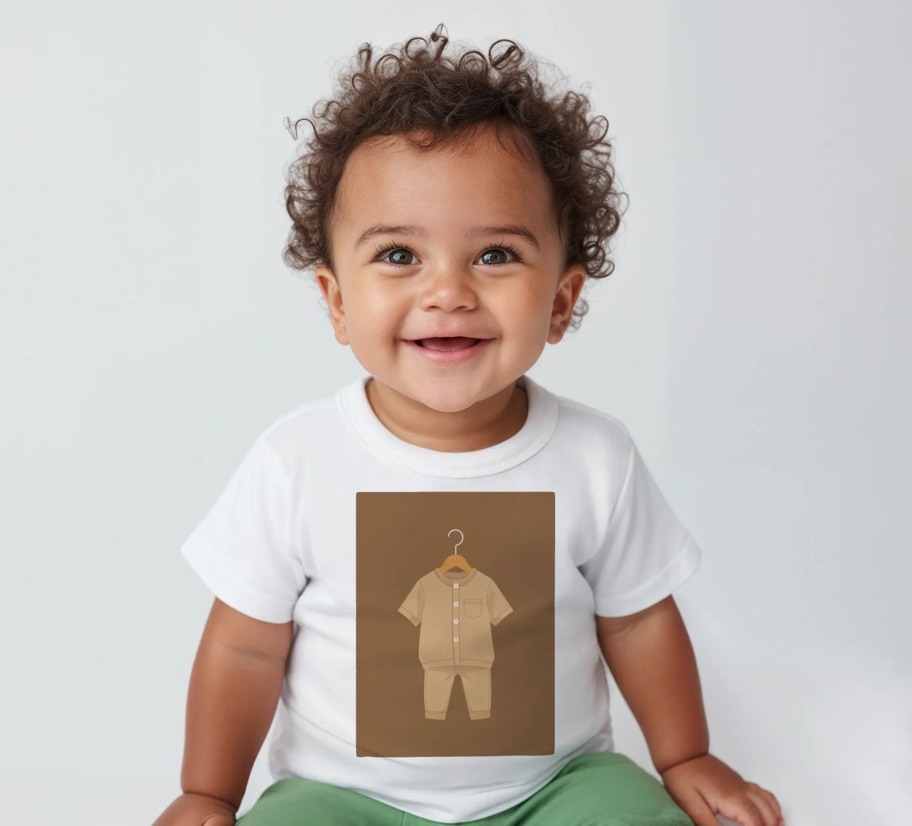 Un grazioso completino beige per bambini appeso ad una gruccia di legno ag maglietta neonato da DesignDoodle