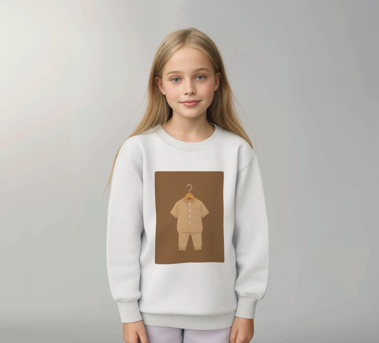 Un joli ensemble beige pour enfant suspendu à un cintre en bois. sweat enfant de DesignDoodle