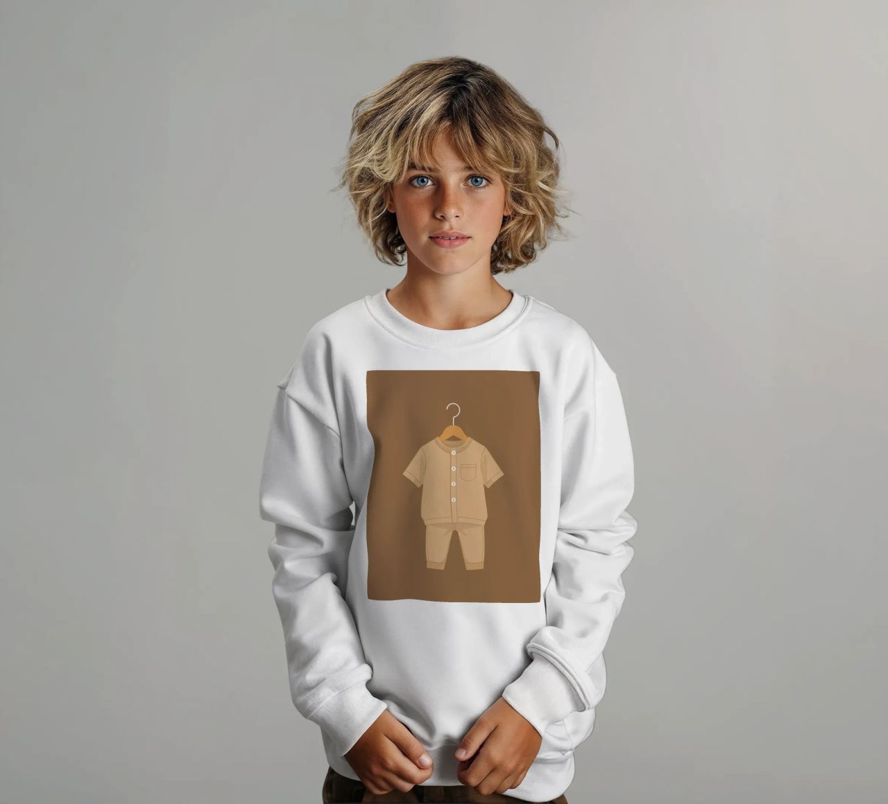 Un joli ensemble beige pour enfant suspendu à un cintre en bois. sweat enfant de DesignDoodle