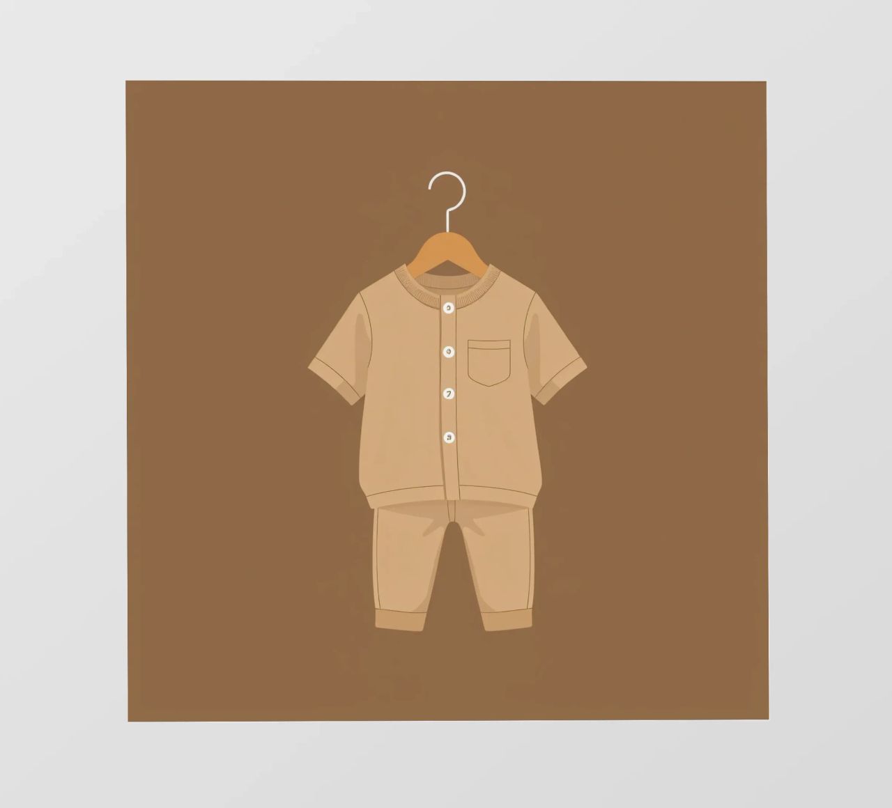 Un grazioso completino beige per bambini appeso ad una gruccia di legno ag pellicola backlit da DesignDoodle