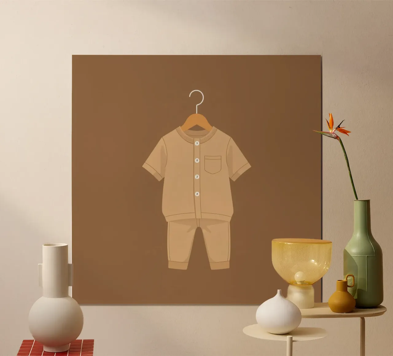 Un grazioso completino beige per bambini appeso ad una gruccia di legno ag poster da DesignDoodle
