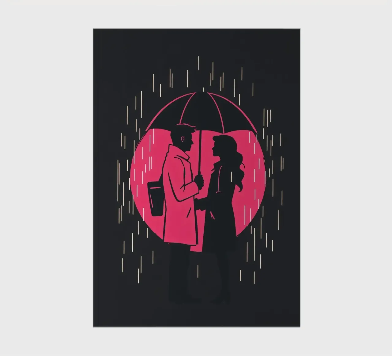 A romantic encounter under an umbrella in the rain notebook by DesignDoodle