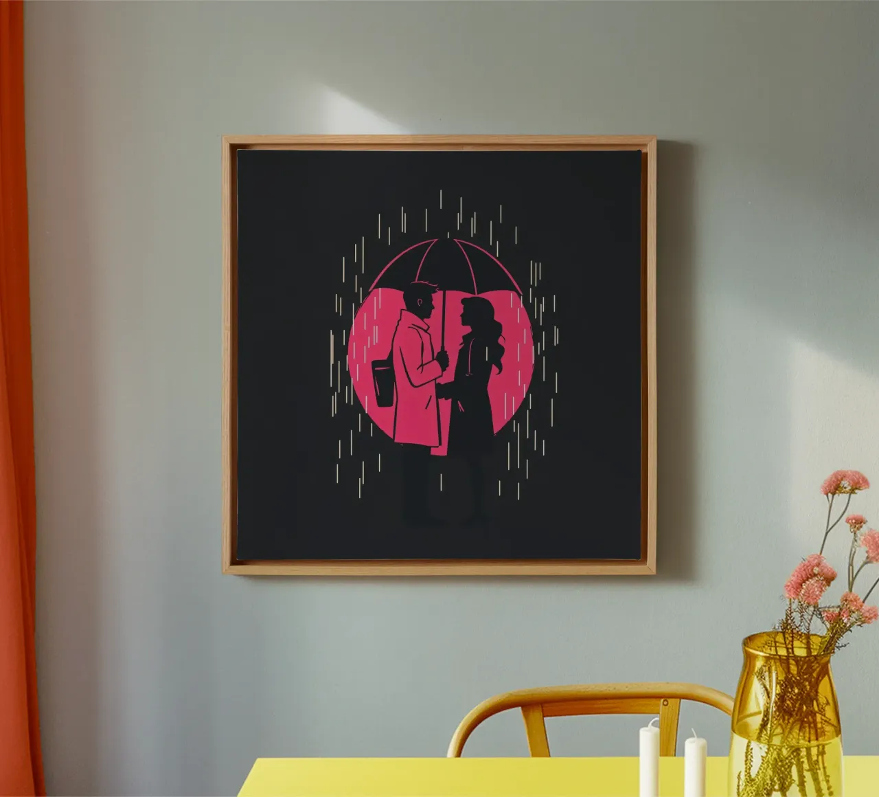 A romantic encounter under an umbrella in the rain canvas with Floater frame by DesignDoodle