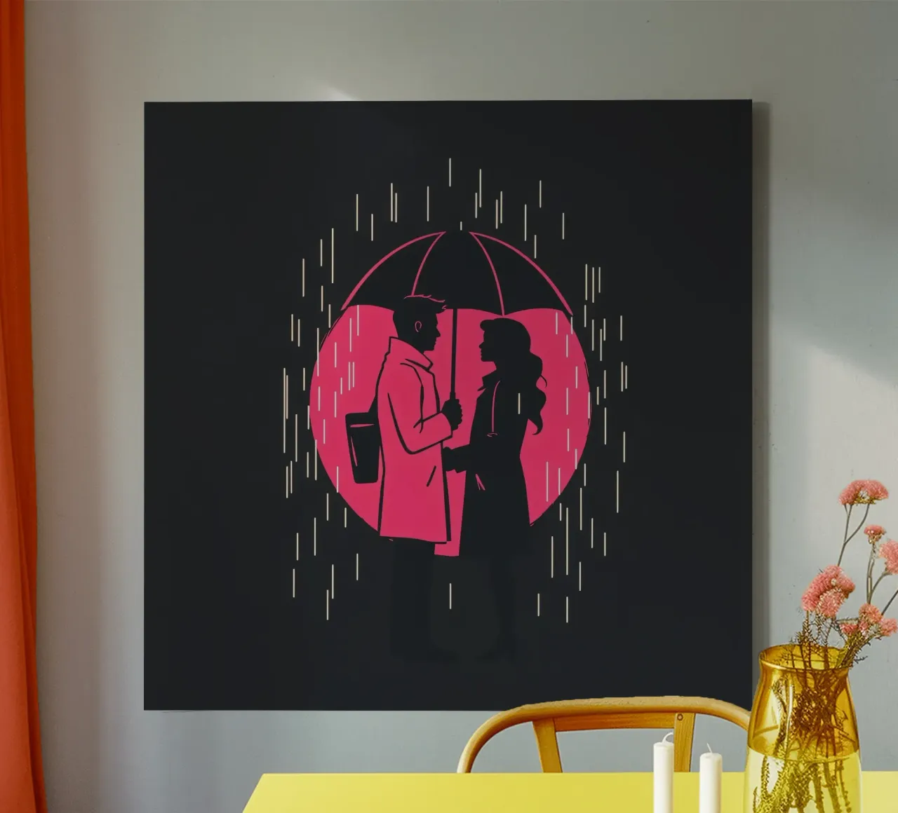 A romantic encounter under an umbrella in the rain canvas with Floater frame by DesignDoodle