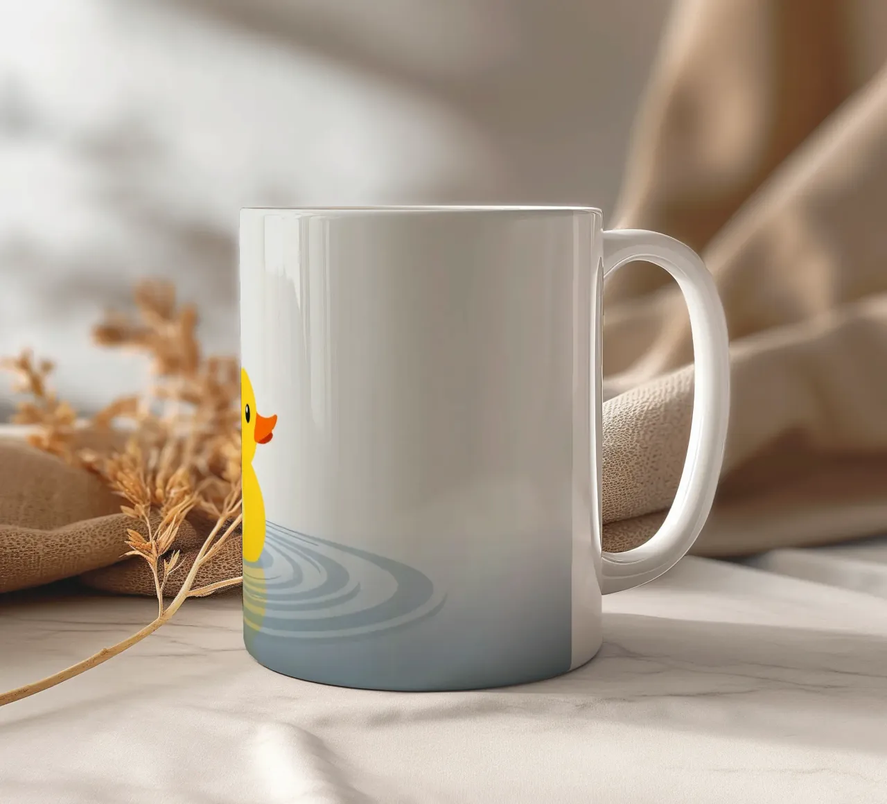 A cheerful yellow duck floats serenely on calm blue waters ceramic mug by DesignDoodle