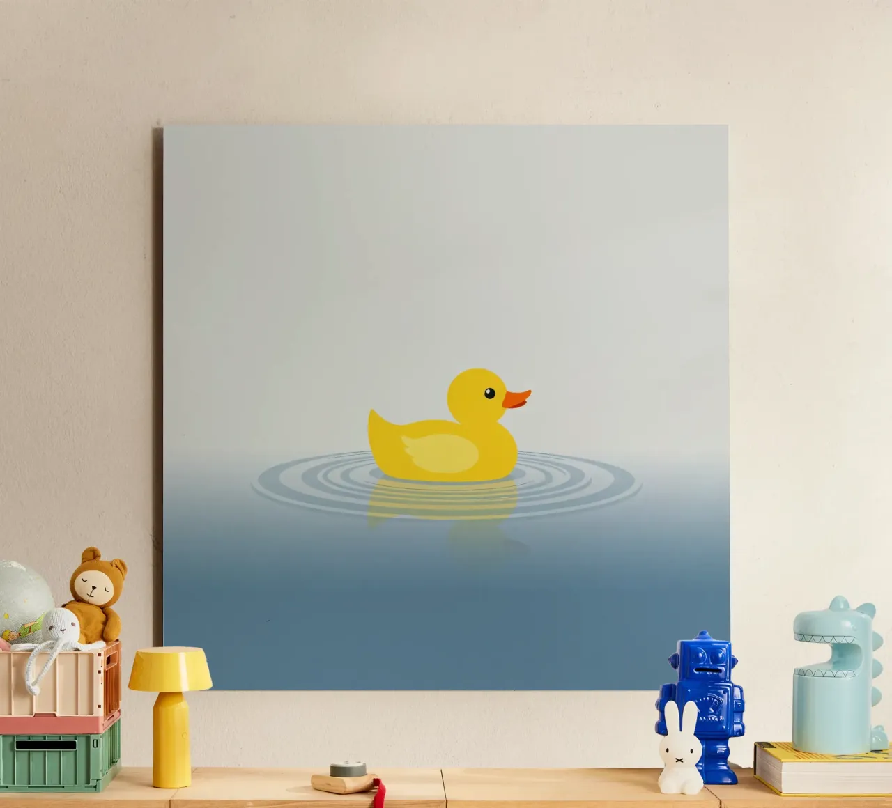 A cheerful yellow duck floats serenely on calm blue waters alu-dibond by DesignDoodle