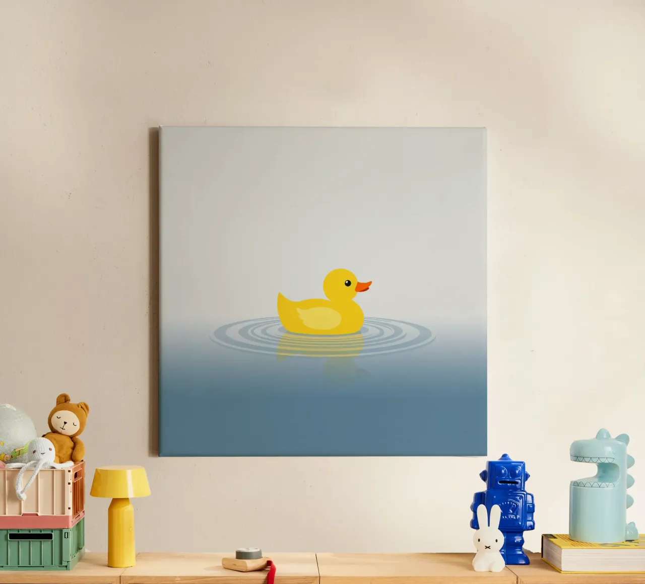 A cheerful yellow duck floats serenely on calm blue waters canvas by DesignDoodle