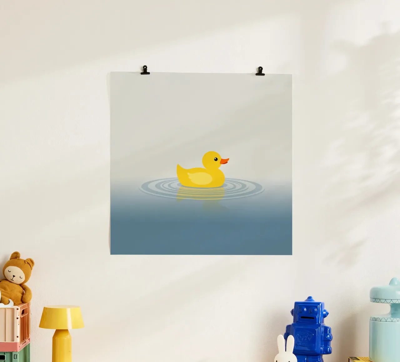 Un joyeux canard jaune flotte sereinement sur des eaux calmes et bleues. hahnemühle de DesignDoodle