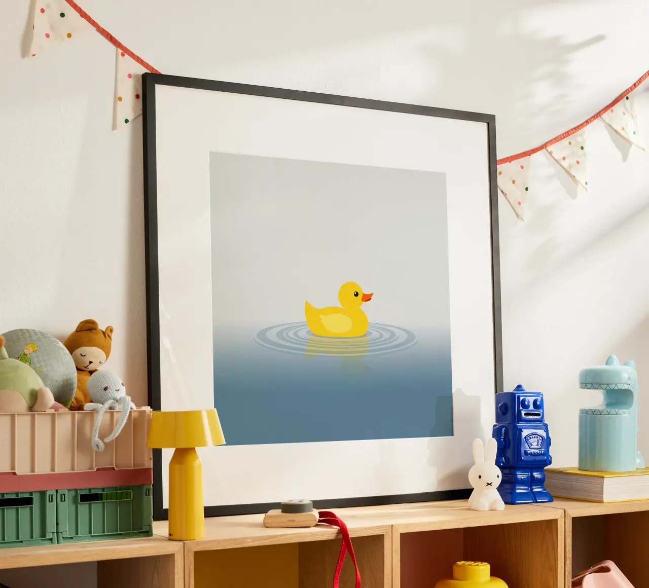 Un joyeux canard jaune flotte sereinement sur des eaux calmes et bleues. hahnemühle de DesignDoodle