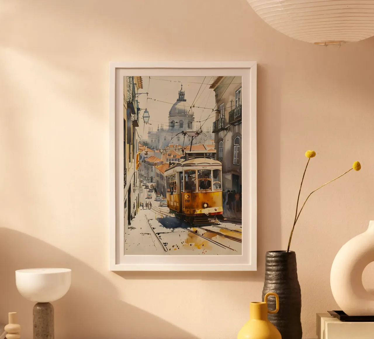 Il pittoresco tram di Lisbona poster con telaio in plastica da M-Ulrich-Digital Art