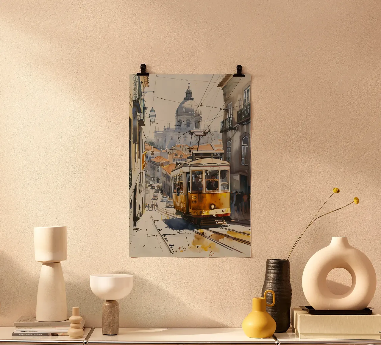 Il pittoresco tram di Lisbona poster con telaio in plastica da M-Ulrich-Digital Art
