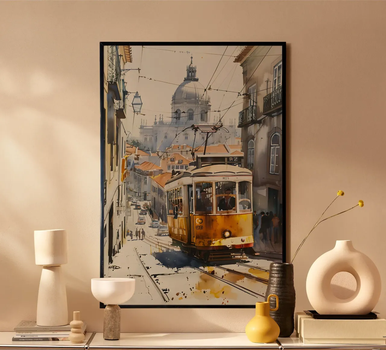 Il pittoresco tram di Lisbona poster con telaio in plastica da M-Ulrich-Digital Art