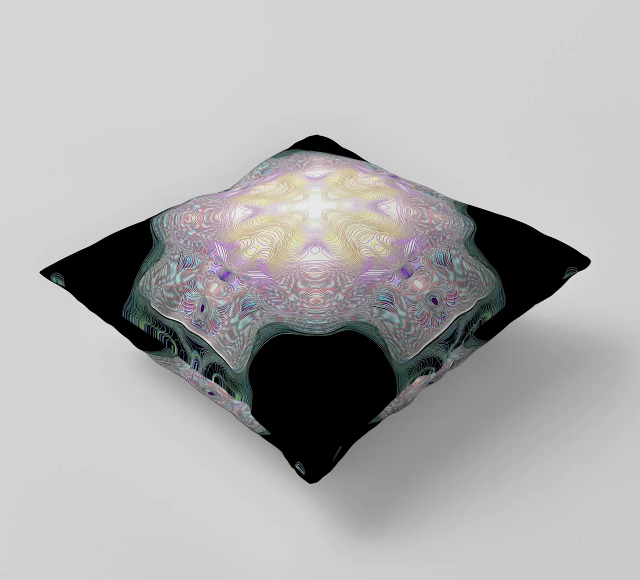 Croix lumineuse jaune/violet sur fond noir coussin de Gürsel Yesil Digital Art
