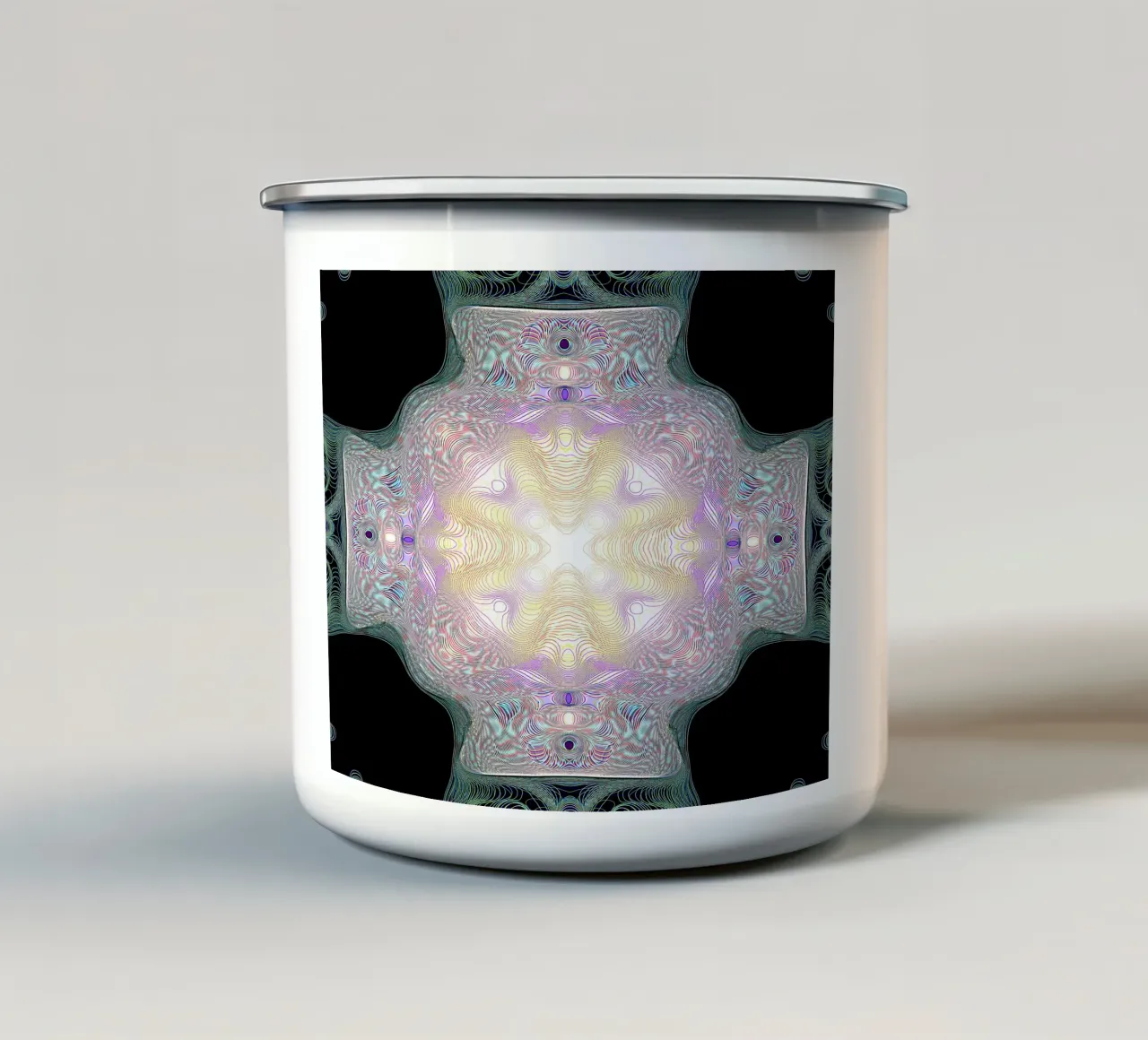 Croce luminosa giallo/viola su sfondo nero tazza in smalto da Gürsel Yesil Digital Art