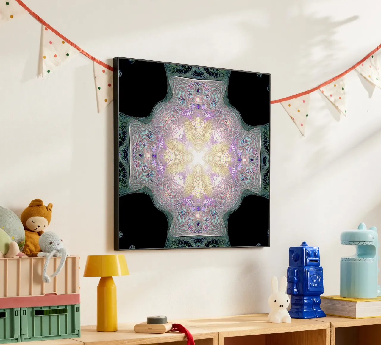 Croix lumineuse jaune/violet sur fond noir alu dibond de Gürsel Yesil Digital Art