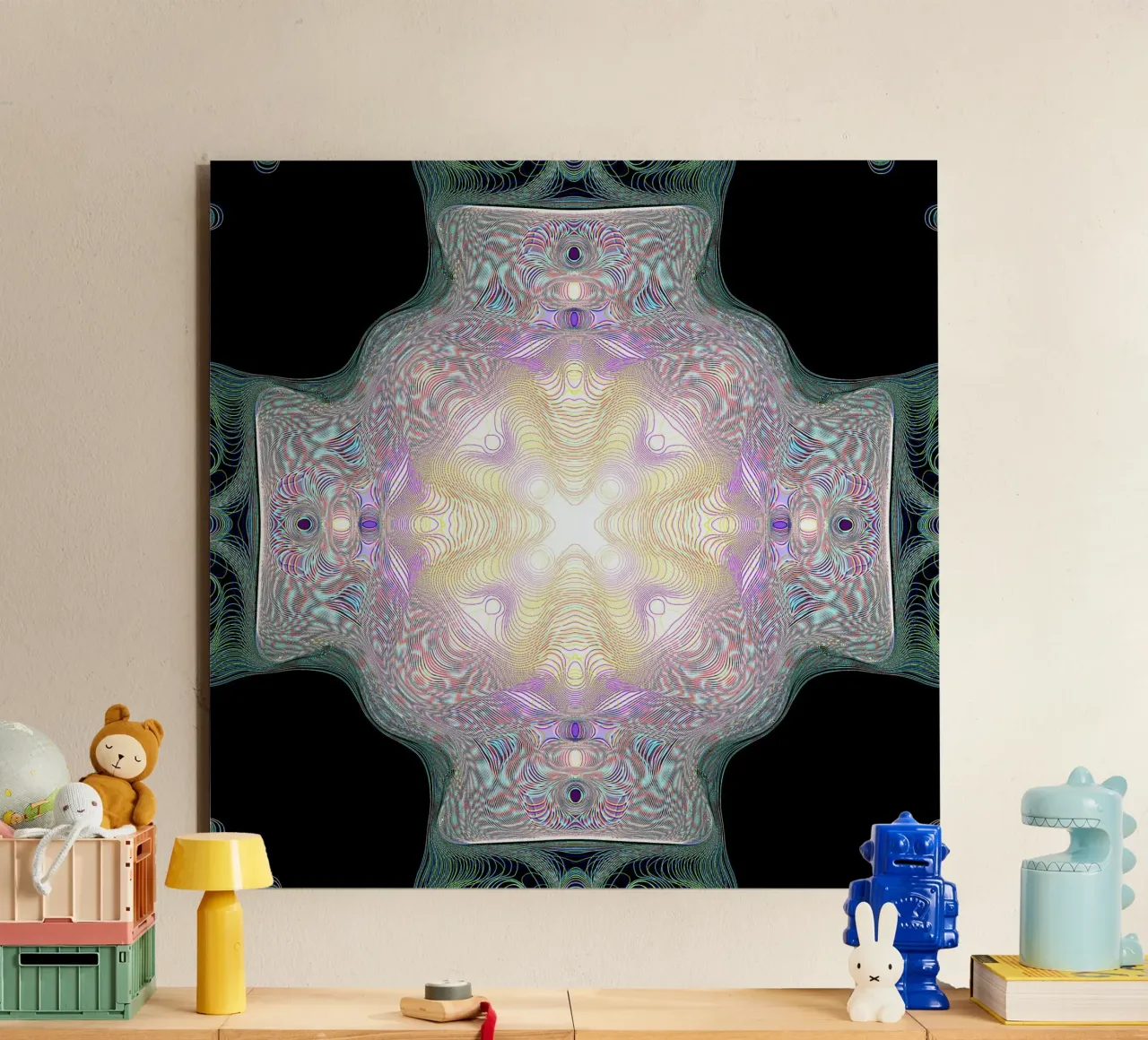 Croix lumineuse jaune/violet sur fond noir alu dibond de Gürsel Yesil Digital Art