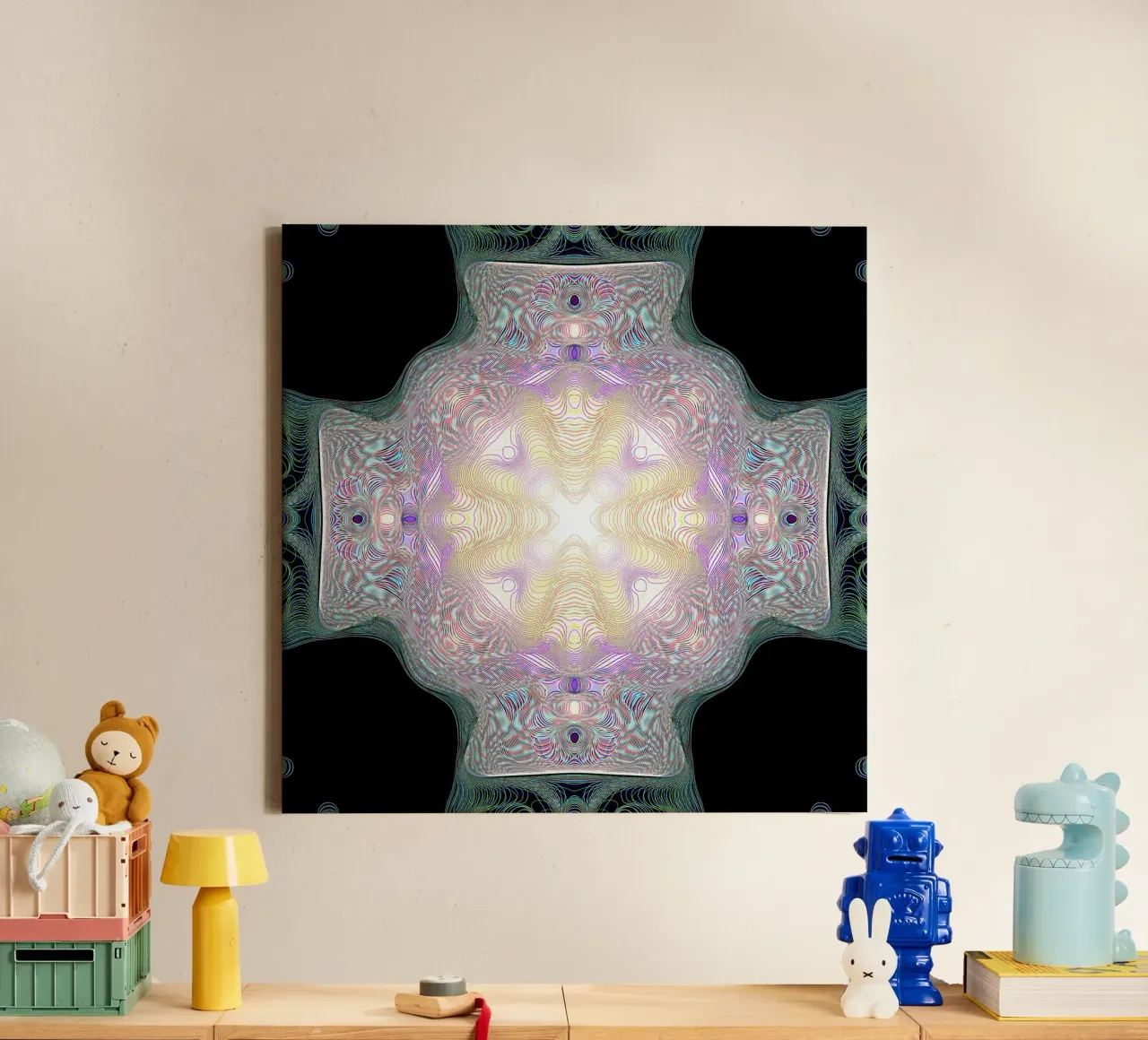 Yellow/purple glowing cross on a black background canvas by Gürsel Yesil Digital Art