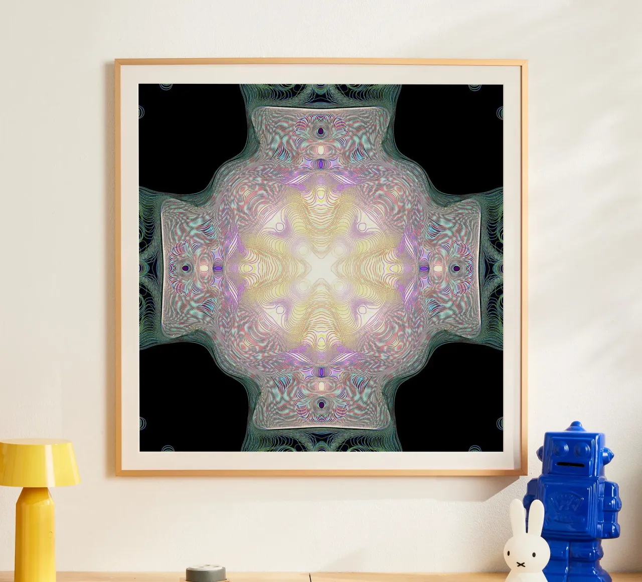 Croix lumineuse jaune/violet sur fond noir hahnemühle de Gürsel Yesil Digital Art