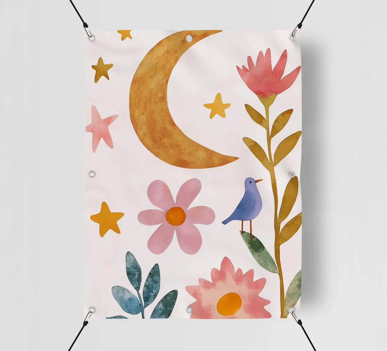Boho Luna Uccello Dreamscape Vintage Botanico Floreale Notte telo in pvc da Gentle Echoes Art
