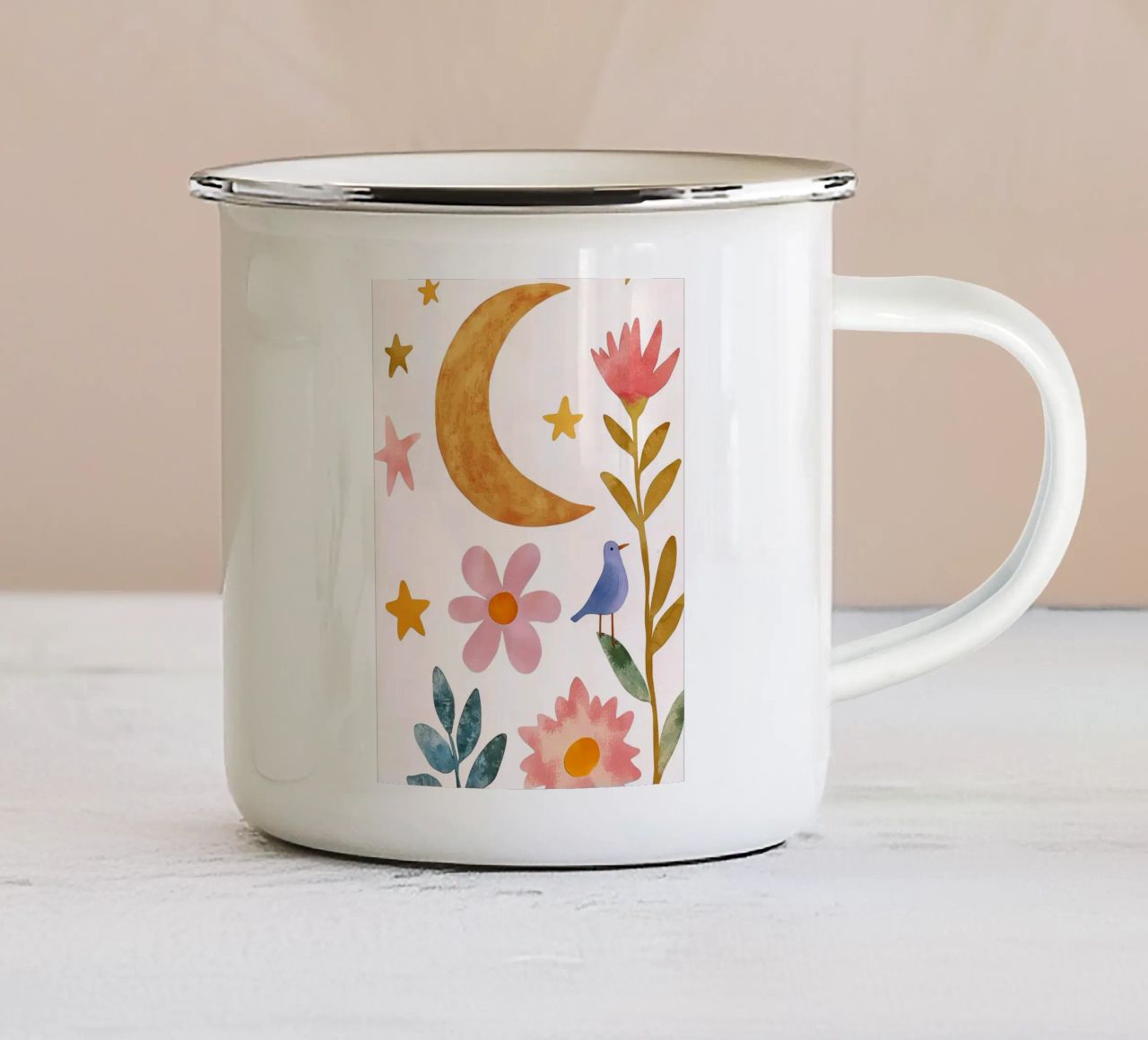 Boho Luna Uccello Dreamscape Vintage Botanico Floreale Notte tazza in smalto da Gentle Echoes Art