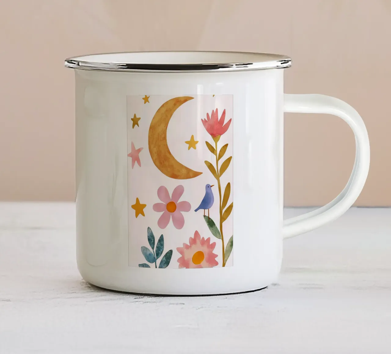 Boho Moon Bird Dreamscape Vintage Botanical Floral Night enamel mug by Gentle Echoes Art