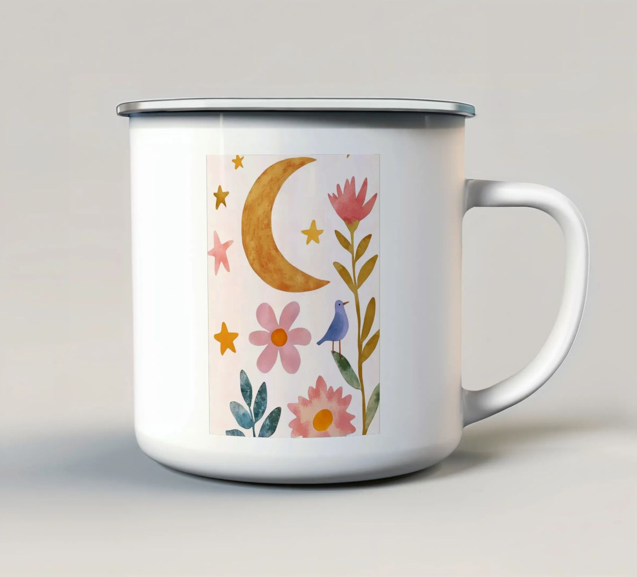 Boho Luna Uccello Dreamscape Vintage Botanico Floreale Notte tazza in smalto da Gentle Echoes Art