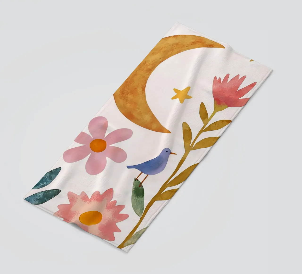 Boho Luna Uccello Dreamscape Vintage Botanico Floreale Notte telo mare da Gentle Echoes Art