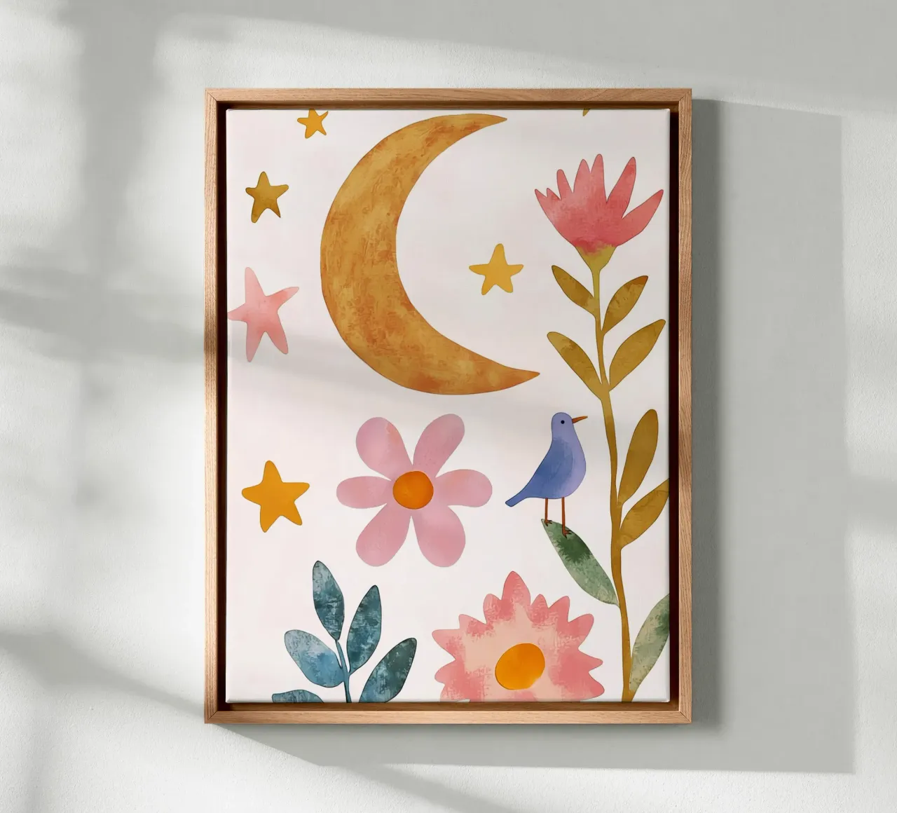 Boho Luna Uccello Dreamscape Vintage Botanico Floreale Notte tela con Cornice a cassetta da Gentle Echoes Art