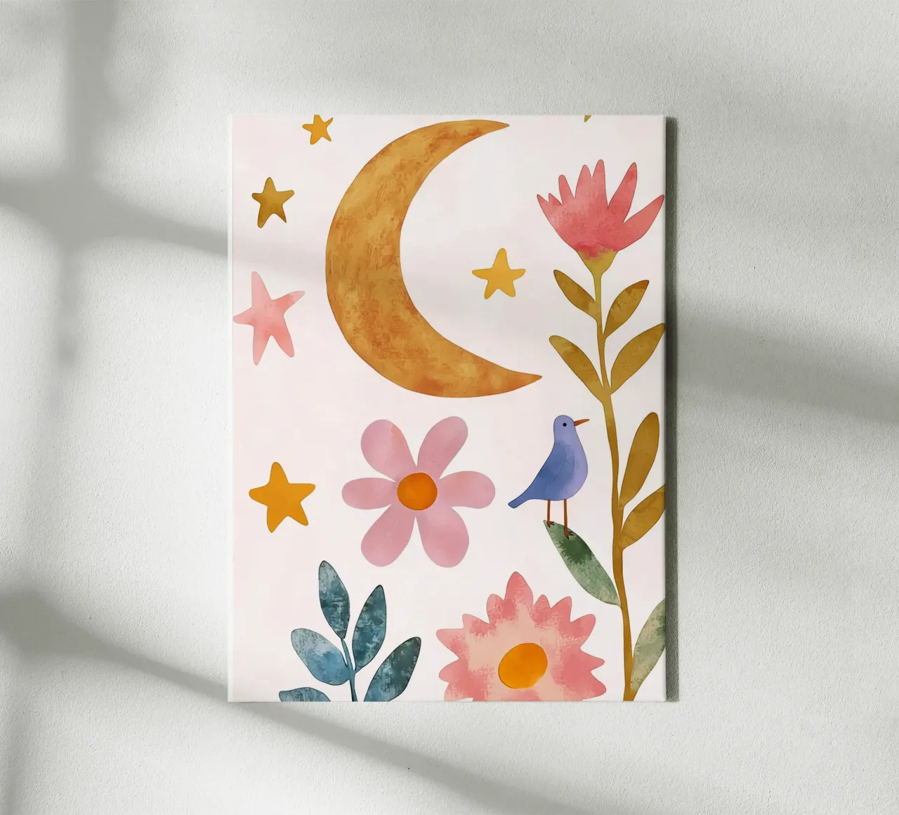 Boho Luna Uccello Dreamscape Vintage Botanico Floreale Notte tela con Cornice a cassetta da Gentle Echoes Art