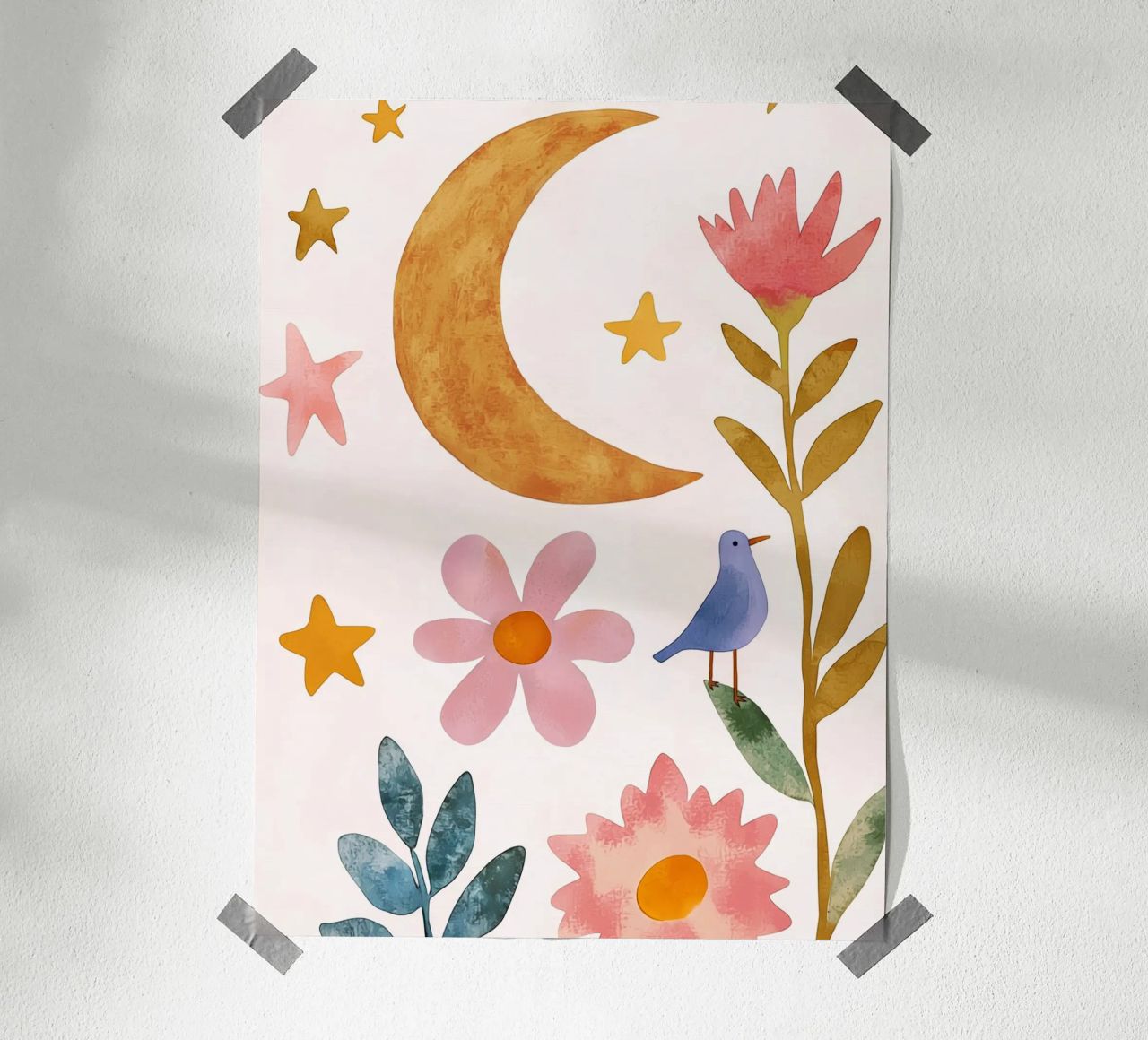 Boho Moon Bird Dreamscape Vintage Botanical Floral Night poster by Gentle Echoes Art
