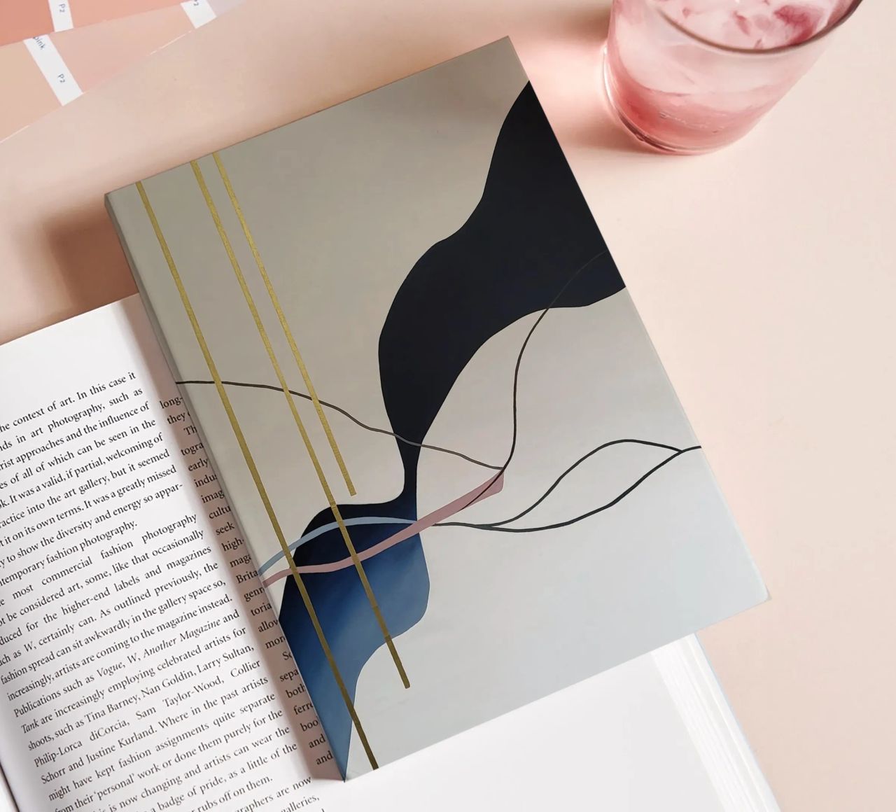 Abstract Flow with Gold and Pink Lines notebook by Artbyvo