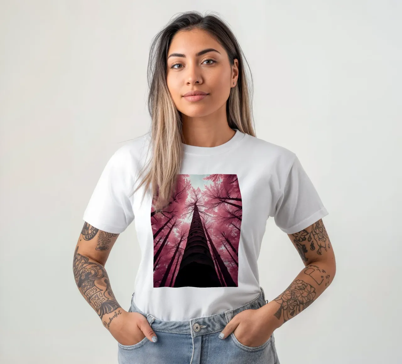 Tall trees stretch towards a pink sky creating a dreamy t-shirt by DesignDoodle