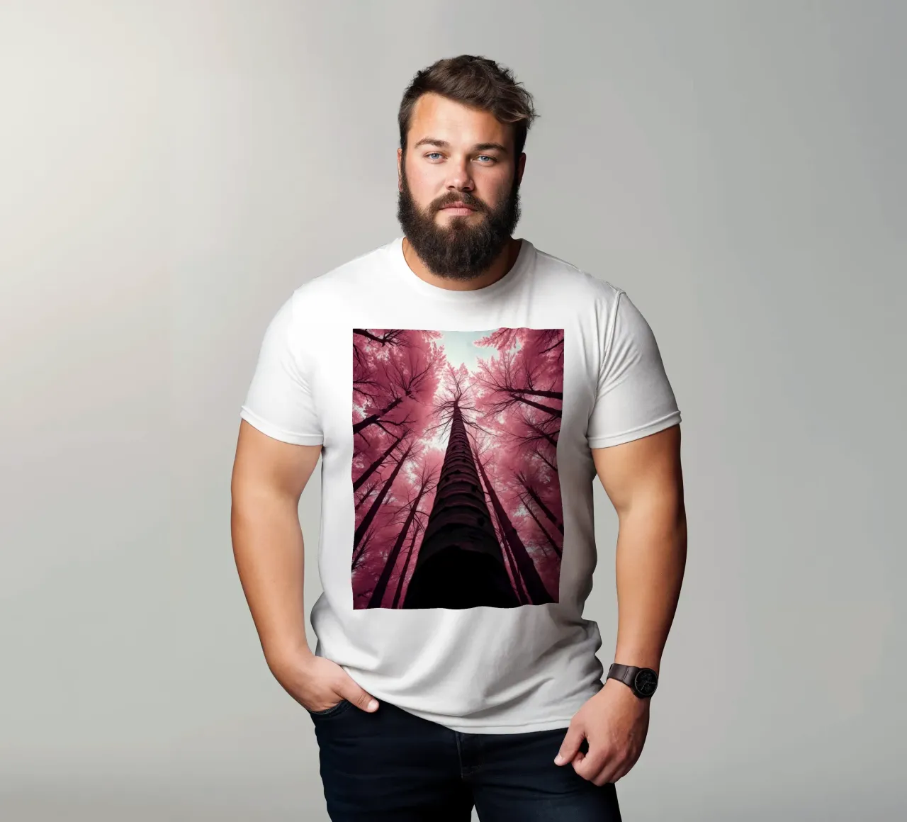 Tall trees stretch towards a pink sky creating a dreamy t-shirt by DesignDoodle