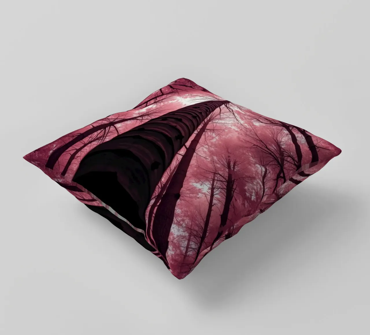 Tall trees stretch towards a pink sky creating a dreamy decorative cushion by DesignDoodle