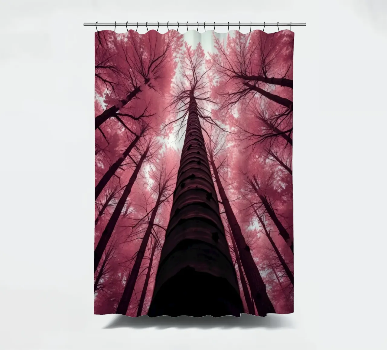 Tall trees stretch towards a pink sky creating a dreamy shower curtain by DesignDoodle