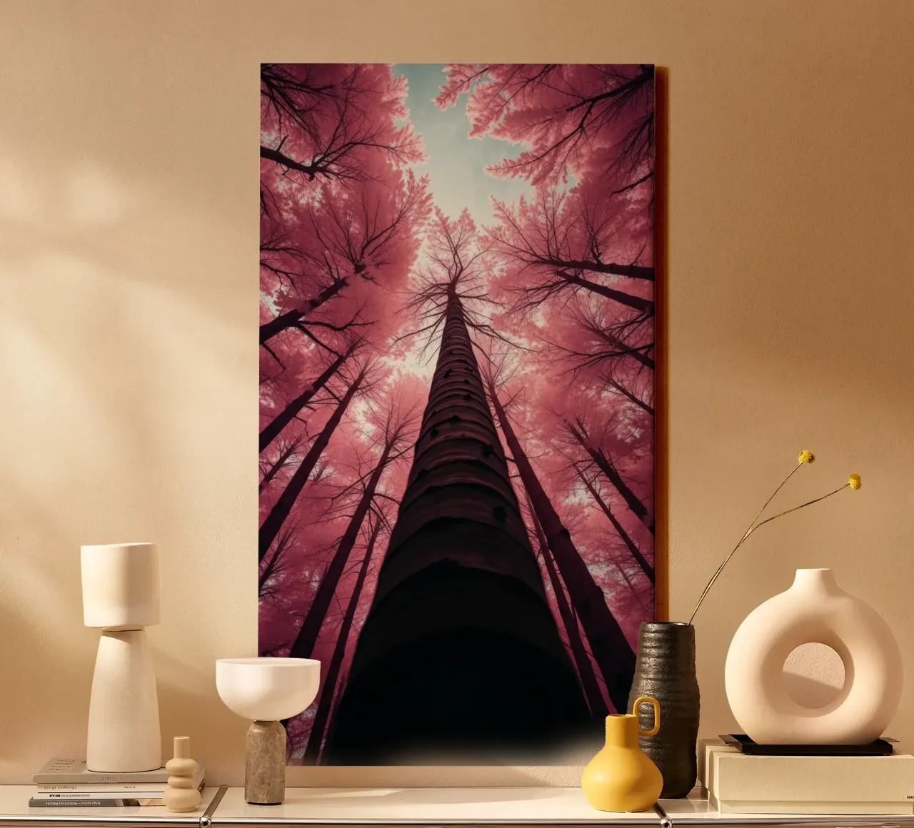 Les grands arbres s'étirent vers un ciel rose, créant une atmosphère de rêve. toile de DesignDoodle