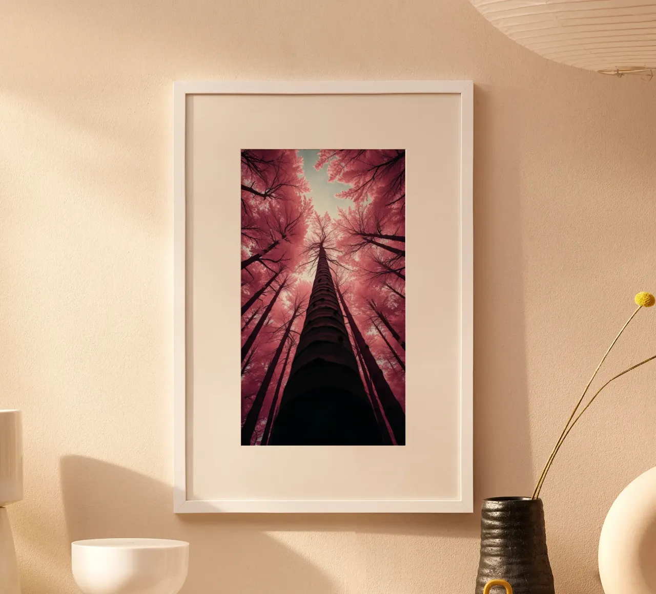 Les grands arbres s'étirent vers un ciel rose, créant une atmosphère de rêve. hahnemühle de DesignDoodle