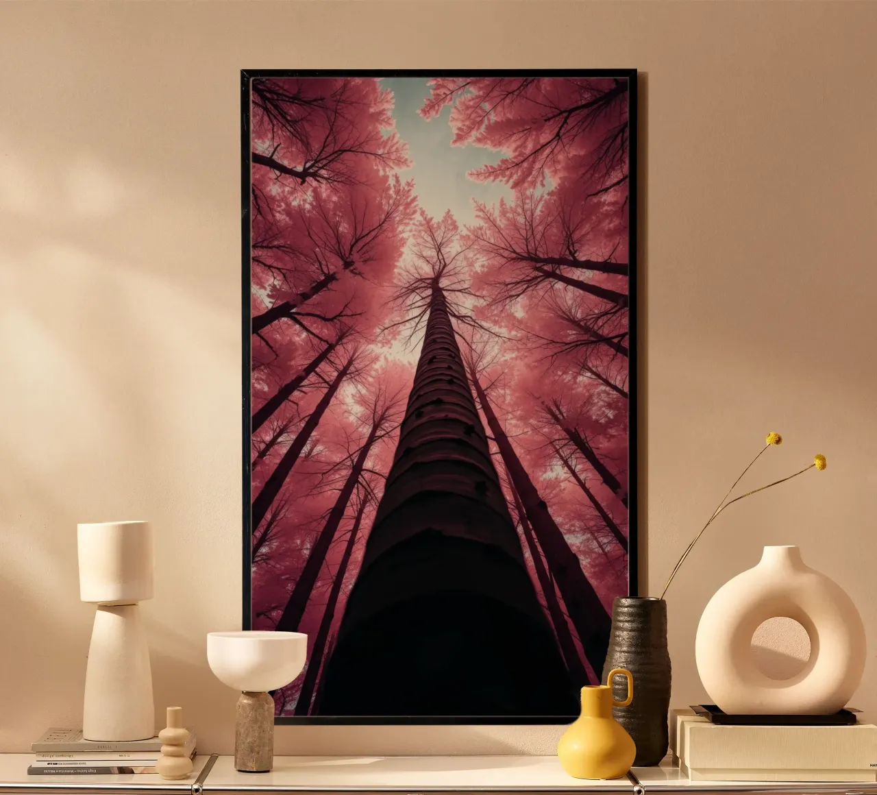 Les grands arbres s'étirent vers un ciel rose, créant une atmosphère de rêve. hahnemühle de DesignDoodle