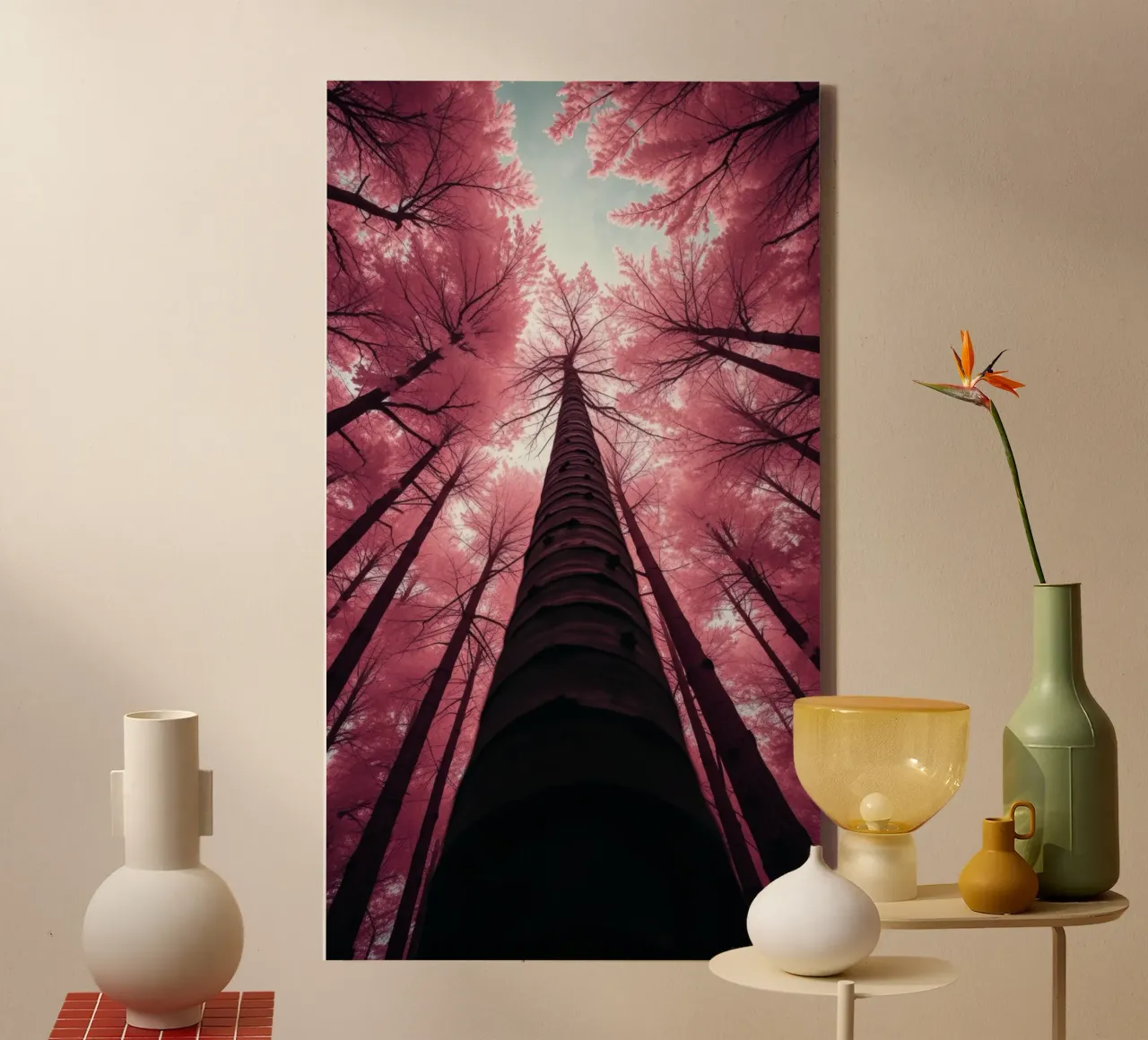 Tall trees stretch towards a pink sky creating a dreamy canvas by DesignDoodle