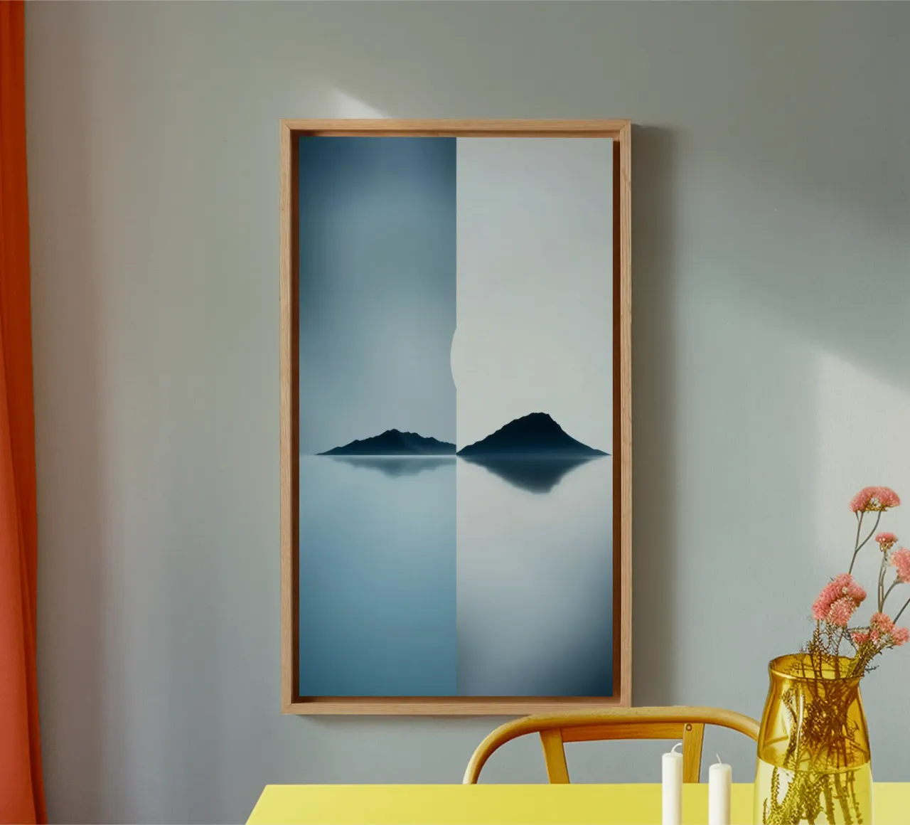 rustig tweekleurig landschap met reflecterend water canvas met Baklijst van DesignDoodle