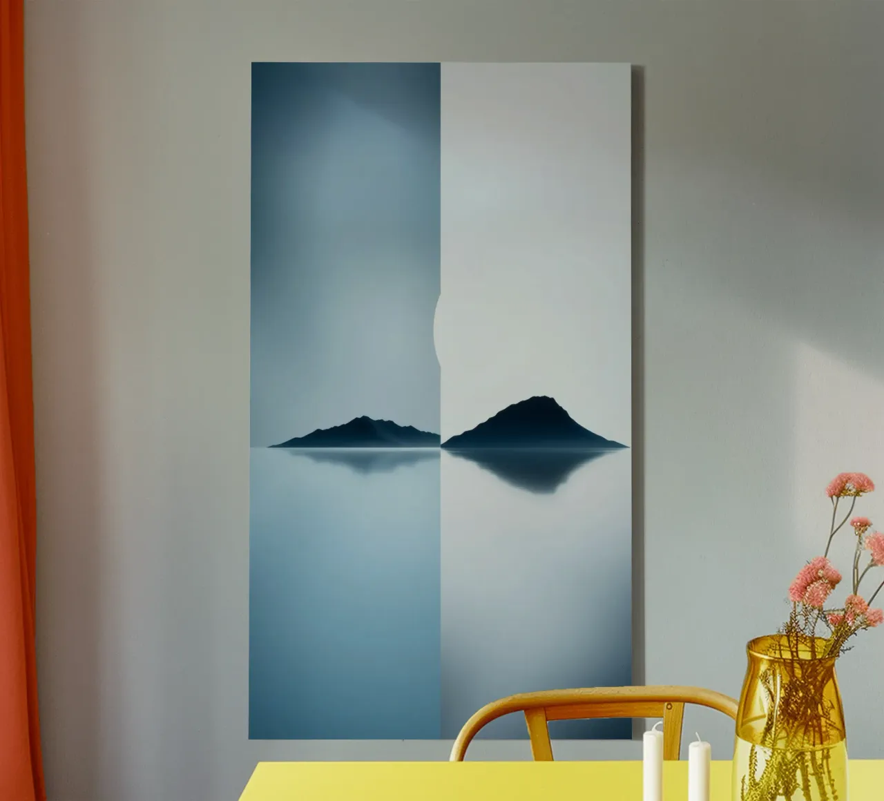 rustig tweekleurig landschap met reflecterend water canvas met Baklijst van DesignDoodle