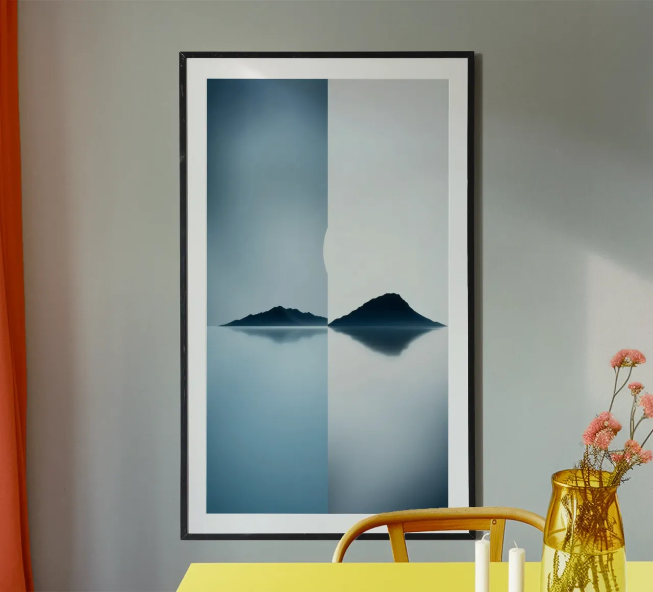 Tranquillo paesaggio bicolore con acqua riflettente poster con telaio in plastica da DesignDoodle