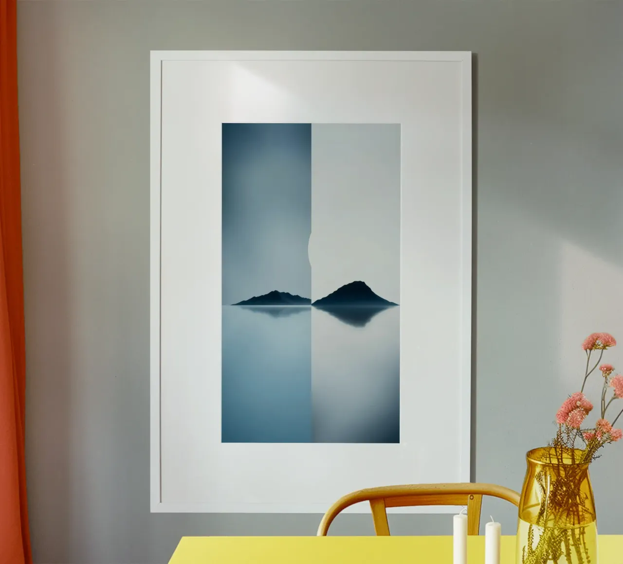 Tranquillo paesaggio bicolore con acqua riflettente poster con telaio in plastica da DesignDoodle