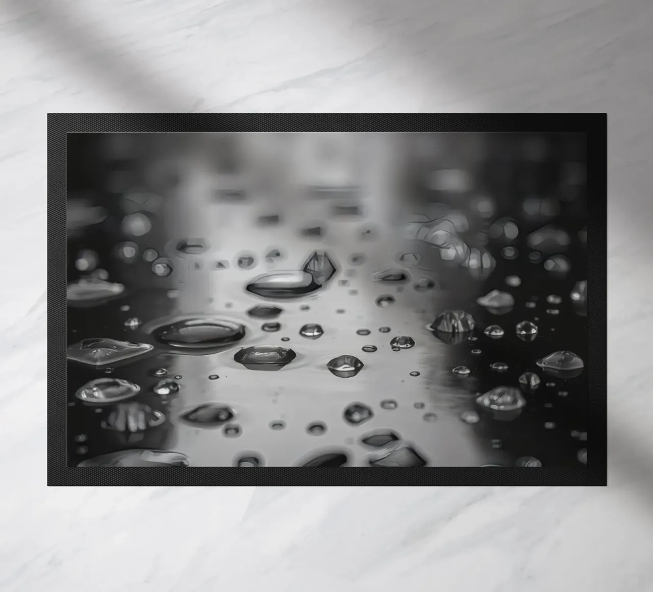 Raindrops creating reflections on a wet surface doormat by DesignDoodle